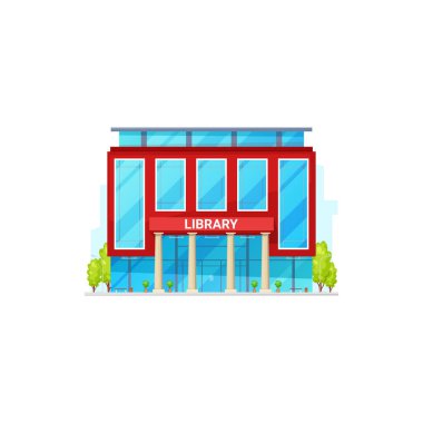 Kütüphane binasının dış cephesi izole edilmiş. Vektör halk, üniversite veya üniversite kütüphanesi, yeşil ağaçlar