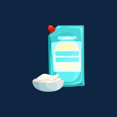 Plastik torba kapaklı, ekşi krema dolu izole edilmiş gerçekçi ikon. Köşe kapaklı çift katlı taşıyıcı. Mayonezli, soslu ya da bebek mayonezli, sütçü organik gıda tabağı.