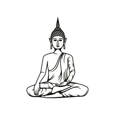Buda meditasyonu izole edilmiş vektör ikonu, Budizm dini sembolü, Budist Hinduizm Dharma dini, nilüfer duruşu içindeki Buda heykeli tek renkli illüstrasyon.
