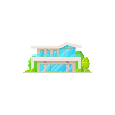 Şehir dağ evi, dış cephede konaklama ve ıssız bahçedeki ağaçlar. Bacalı, panoramik pencereli ve cam kapılı bir banliyö evi. Modern villa, satılık ya da kiralık ev. Kasaba sakinleri.