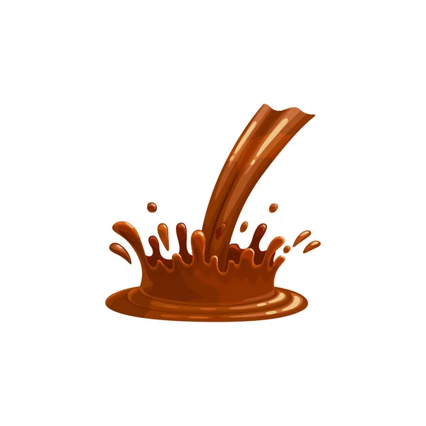 巧克力泼洒 液滴酱汁 病媒隔离图标 巧克力流动的黑可可糖霜与漩涡和倒水花滴 可可饮料和糖浆融化流 — 图库矢量图片