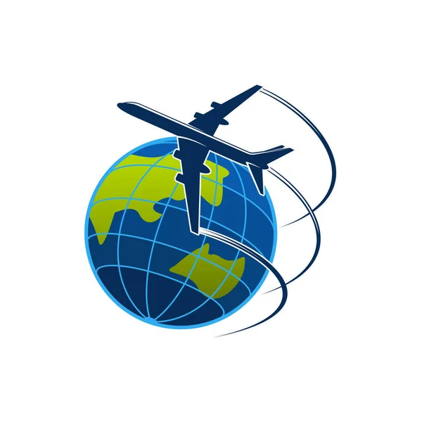 飞机和全球图标 旅行社或航空邮件递送和航空物流服务公司 在地球 旅游旅程或航空公司周围飞行的病媒隔离飞机 — 图库矢量图片