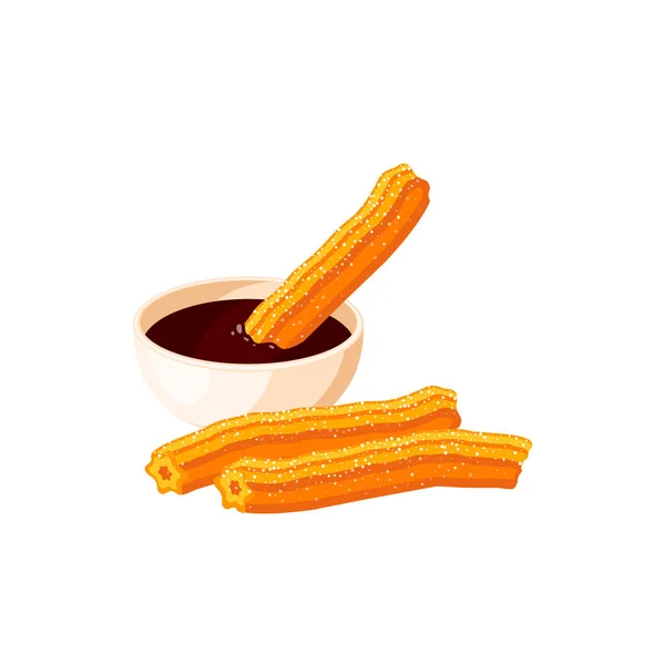 Churros Und Schokolade Dip Vektor Isoliert Symbol Mexiko Churro Gebäck — Stockvektor