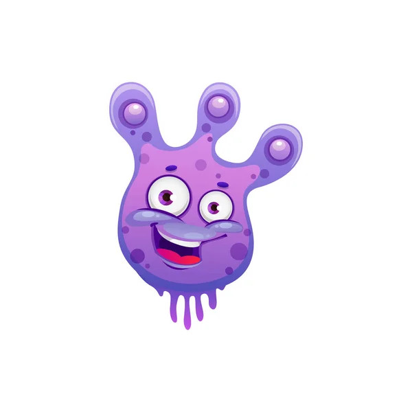 细菌有趣的病原体 紫色微笑的怪物孤立了卡通人物 传病媒介微生物学的头孢病毒 生物怪物快乐的情绪 有眼睛的微生物细菌 — 图库矢量图片