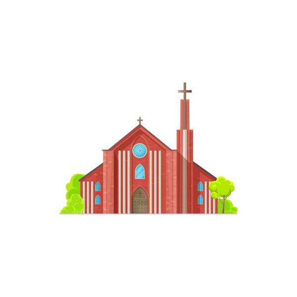 Christian church isolated chapel exterior with trees. Vector cathedral or monastery facade, catholic or evangelical religion architecture. Christian orthodox on medieval cathedral, red brick building