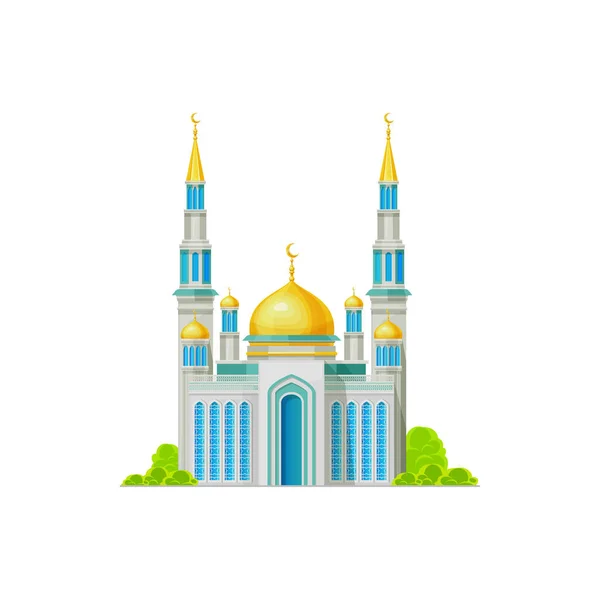 ドームと三日月を持つイスラム教徒の寺院は 独立したイスラム宗教の建物の上にあります ベクトルミナレットのランドマーク 黄金のドームと白と青のファサード アラビア建築 スルタンの家 祈りの場 — ストックベクタ