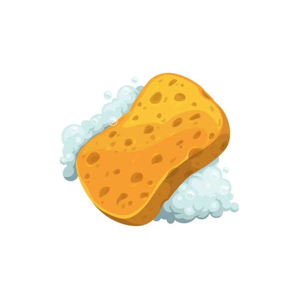 Мыльная ткань в мыльной пене изолированный объект гигиены в реалистичном дизайне. Векторная моющая губка с мыльными пузырями, оборудование для уборки ванной комнаты. Очистка spongy инструмент, домашняя работа и бытовая чистка волокна
