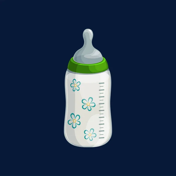 赤ん坊のミルクボトルは現実的なアイコンを隔離した スケールとシリコーンゴムペースメーカー 花の印刷を測定ベクトルガラスやプラスチックボトル 液体フードと飲料水を保存するための滅菌容器 — ストックベクタ