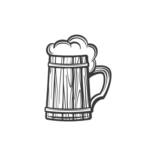 木製のマグカップビール孤立アルコールドリンクモノクロスケッチ ベクトルオクトーバーフェストの休日のシンボル 泡とサイダー飲料 ラガー ハンドル付き木製ガラス 醸造所製品のライトまたはダークエール — ストックベクタ