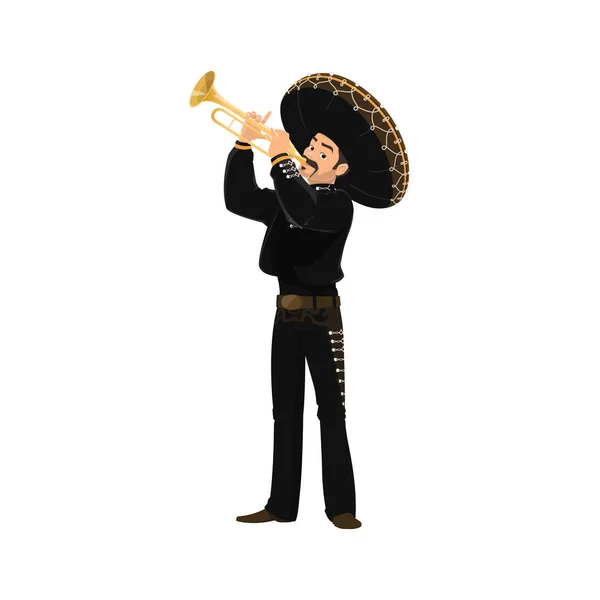 Mariachi Músico Mexicano Tocando Trompeta Hombre Aislado Traje Nacional Personaje — Archivo Imágenes Vectoriales