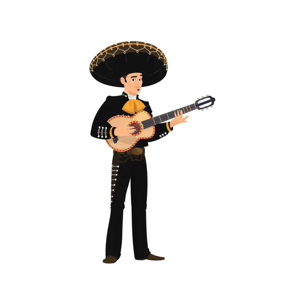 Mexicaanse Gitarist Mariachi Speelt Gitaar Geïsoleerde Muzikale Band Speler Vector — Stockvector