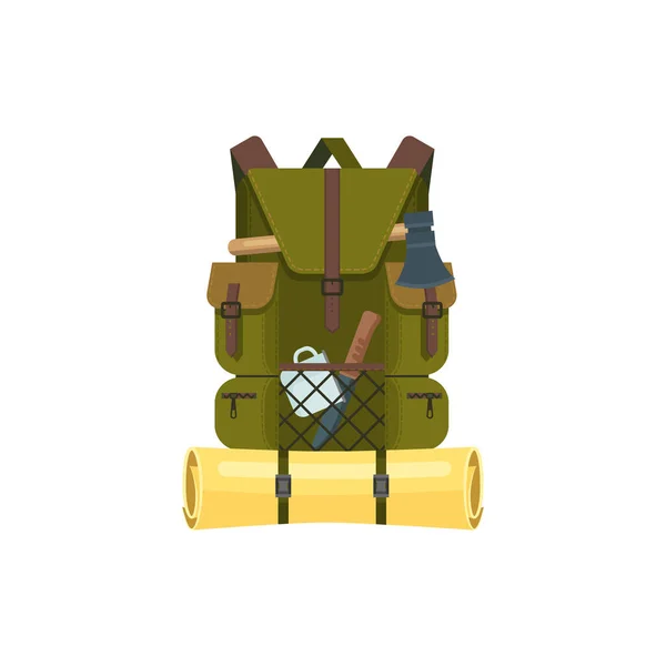 キャンプ用具との旅行バックパック孤立した ベクトルカーキはマット 斧と金属製のマグカップとリュックサック ジッパーのポケット付き旅行バッグの観光機器 アウトドアアドベンチャー ハイキング キャンプ — ストックベクタ