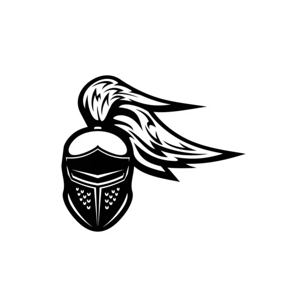 깃털달린 헬멧은 모노크롬 아이콘을 십자군의 헤드기어 기사의 스포츠 마스코트의 엠블렘 — 스톡 벡터