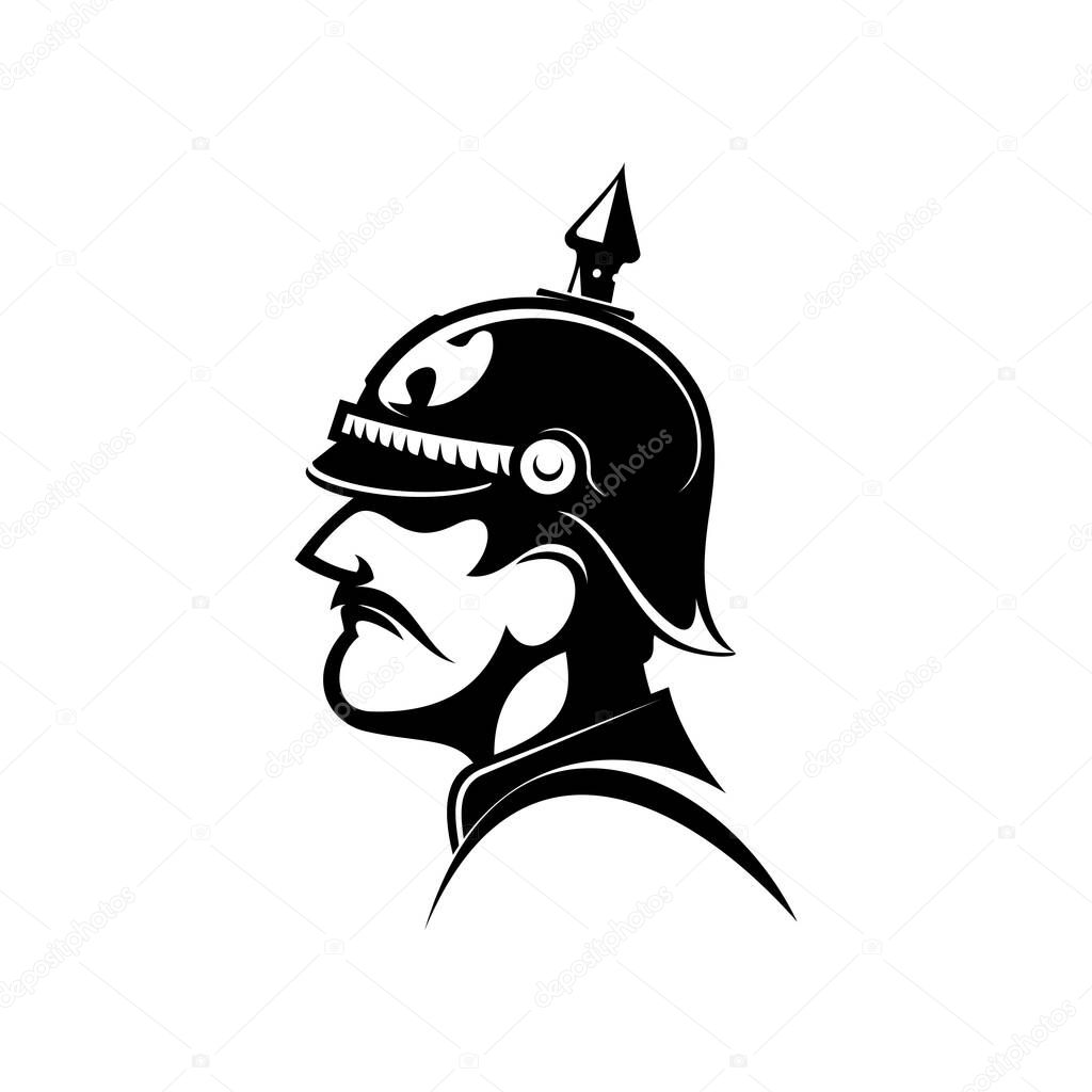 Brave general of prussian army in spiked helmet isolated side view head. Vector retro soldier commander