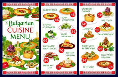 Bulgar restoranının geleneksel mutfak yemekleri için menü vektör şablonu. Sebze çorbası, yoğurt, domates ve lahana salatası, patlıcan sosu ve biberli lutenitsa, pita ekmeği, musakka, bryndza, köfte.