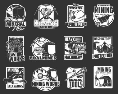 Madencilik endüstrisi maden araçları ve kömür madeni ekipmanlarıyla izole edilmiş vektör ikonları. Madenci miğferi, kazma ve gaz lambası, damperli kamyon, demir kömür, tren vagonu ve kazıcı, matkap ve dinamit amblemleri.