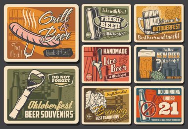 Bira, alkol, vektör barı, bira fabrikası ve barın retro posterleri. Şişeler, bardaklar ve kupalar bira, bira ve fıçı bira ya da bira ile şerbetçiotu, arpa, sosis, ahşap tankard, konserve ve tap