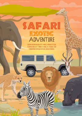 Afrika safarisi, vektör avı sporu ve hayvanlar. Aslan, fil ve antilop, su aygırı, zürafa ve zebra, çita veya leopar ve avcı arabası, Afrika safari turu ve savana macera teması