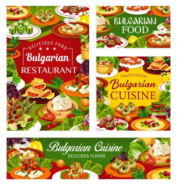 Bulgar mutfağı yemekleri. Vektör sebze çorbası ve yoğurt salatası, et yahnisi, biber lutenitsa ve patlıcan sosu, bryndza kabağı tostu, köfte ve çörek, doldurulmuş salatalık ve tavşan.