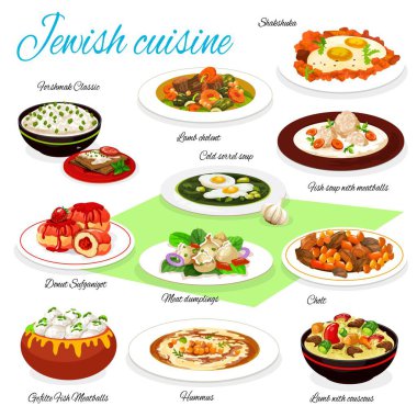 Köfteli balık çorbası, gefilte balığı ve humus, sebzeli yumurta, kuskus, forşmak, meyve çöreği ve kuş çorbasından oluşan Yahudi mutfağı vektör yiyeceği. Şabat restoran menüsü