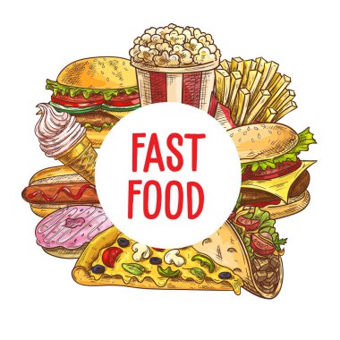 Pizza, hamburger ve tatlıların fast food vektör taslağı. Sosisli sandviç, patates kızartması, hamburger ve çizburger, çörek, dondurma külahı, Meksika taco 'su ve patlamış mısır kovası, fast food restoranının hazır yemekleri.