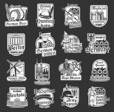 Almanya, Alman seyahat simgeleri, bira ve Bavyera sosisi içeren ikonları izole etti. Reichstag, kereste çerçeve binası, Brandenburg kapısı ve av şapkası, şarap, kraliyet tacı, gotik kale, katedral