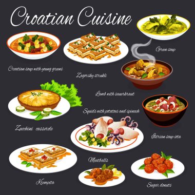 Croatian cuisine vector food, seafood, vegetable, meat dishes with desserts. Grilled squids, vegetable soups and cheese pie, zucchini casserole, meatballs and lamb stew, custard cake and sugar donut clipart