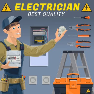 Elektrikli aletleri ve aletleri olan bir elektrikçi. Elektrik kablosu, ampul ve elektrik sayacı, alet kutusu, tornavida, pense ve voltaj testine sahip vektör mühendisi veya teknisyeni