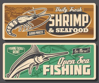 Sea fishing sport retro banners with vector fish, seafood and fisherman tackles. Fishing rod, marlin, tuna, crab and prawn or shrimp, outdoor hobby and fishery industry design clipart
