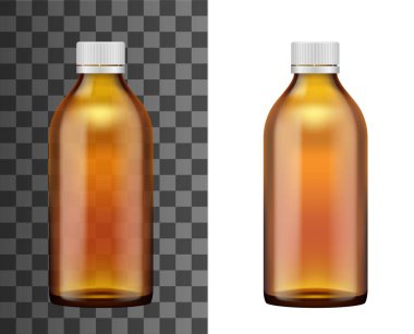 Kahverengi cam ilaç şişesi gerçekçi vektör modeli. İlaç, şurup veya sıvı vitaminler için izole tıbbi ve ilaç konteynırları şeffaf arka planda plastik vida bardaklı 3D kavanoz