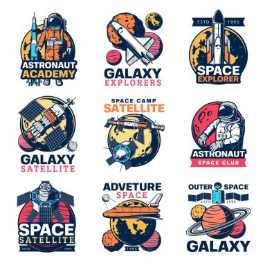 Uzay astronotu, uzay gemisi ve gezegen vektör simgeleri. Galaksi keşif uydusu, roket ve uzay adamı, Ay, Dünya ve Satürn uzay yolculuğu ve astronomi biliminin izole edilmiş sembolleri.