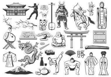Japonya ikonlarında gıda, din ve kültür sembolleri, Japon suşi ve Fuji dağı, pagoda ve geyşa, bonsai, origami, fan ve samuray, ejderha, kimono, sake ve çay, sakura, Buda