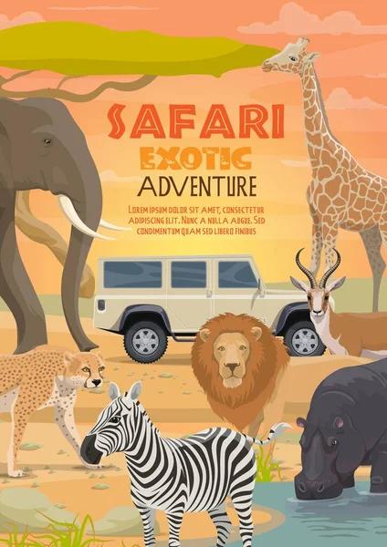 Afrikanische Safari Vektorjagd Und Tiere Löwe Elefant Und Antilope Nilpferd — Stockvektor