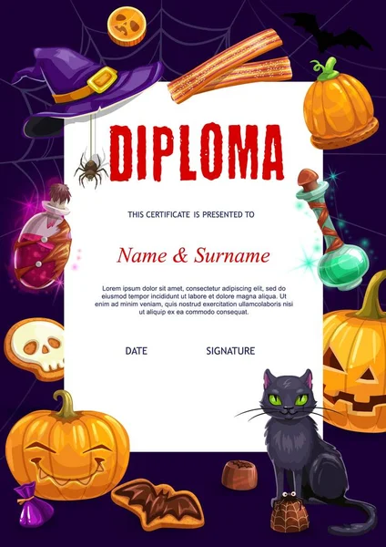 Kids Diploma Halloween Vector Characters Items Bat Black Cat Pumpkin — Stock Vector