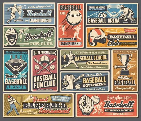 Affiches Rétro Sport Baseball Avec Boules Vectorielles Chauves Souris Joueurs — Image vectorielle