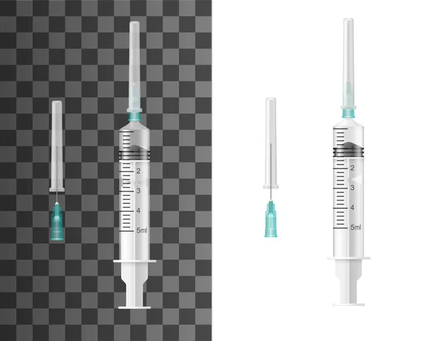 Spritzen Realistische Vektor Attrappe Von Medizinischen Instrumenten Für Injektionsspritzen Kunststoff — Stockvektor