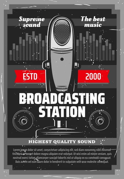 Konstrukcja Wektora Stacji Radiowych Podcastów Vintage Mikrofon Stołowy Głośniki Korektor — Wektor stockowy