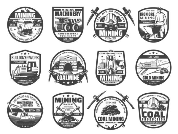 Mining industry equipment and miner isolated vector icons. Iron coal and gold mining dump truck and excavator, miner helmet, pickaxe, wheelbarrow and lamp, dynamite, bulldozer, rail cart and tunnel