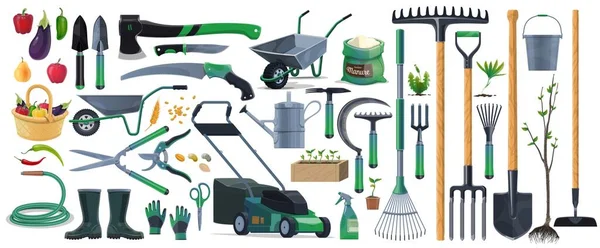 Trädgårdsverktyg Och Utrustning Tecknad Uppsättning Vektor Jordbruk Jordbruk Och Trädgårdsdesign — Stock vektor