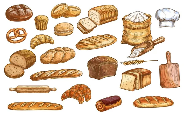 Pan Pastelería Productos Panadería Color Bocetos Aislados Pan Trigo Centeno — Vector de stock