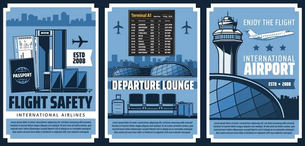 Airport Departure Terminal Security Control Vector Banners Air Travel Passenger — Stock Vector