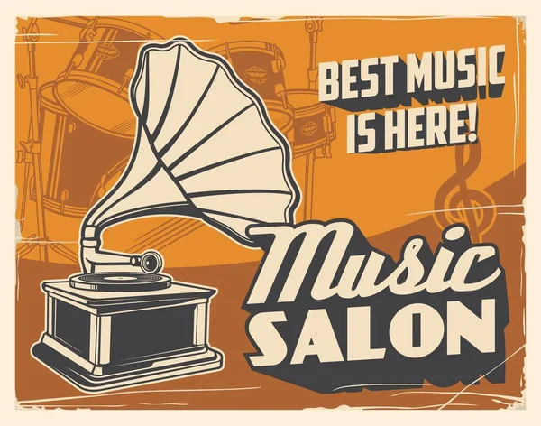 Retro Gramofon Bicí Vektorový Plakát Hudebního Salonu Vinylový Gramofon Perkuse — Stockový vektor