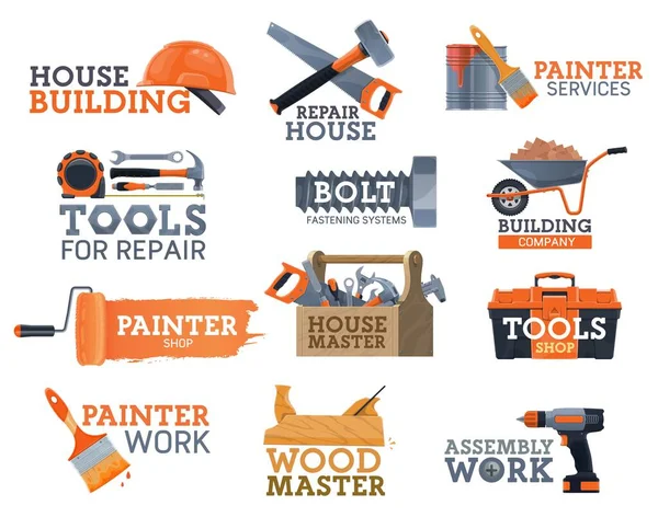 Herramientas Trabajo Reparación Casas Construcción Iconos Vectoriales Industria Carpintería Renovación — Vector de stock