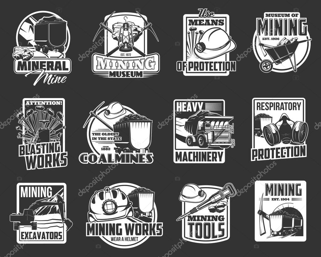 Mining industry isolated vector icons with miner tools and coal mine equipment. Miner helmet, pickaxe and oil lamp, dump truck, iron coal, rail cart and excavator, jack hammer and dynamite emblems