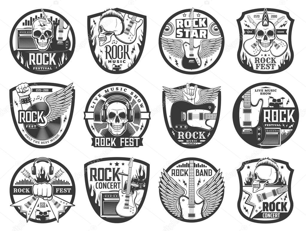 Rock music vector icons with guitars, heavy metal horns, drums and skulls with mohawk, vinyl records, headphones and loudspeakers, lightnings and fire flames. Rock music concert and festival emblems