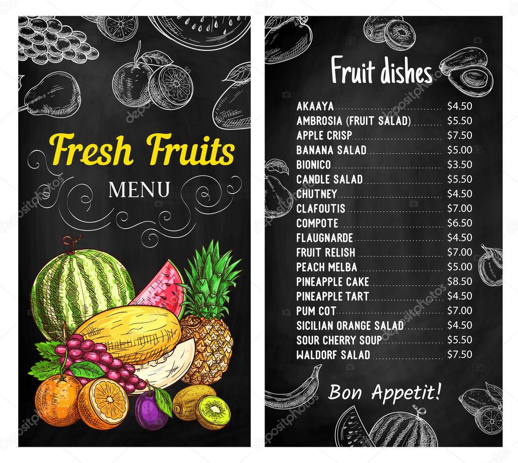 Fresh fruits chalkboard menu vector template. Chalk sketches of orange, pineapple, mango and watermelon, lemon, banana, plum and grapes, kiwi, avocado and melon with layout of dishes list and prices