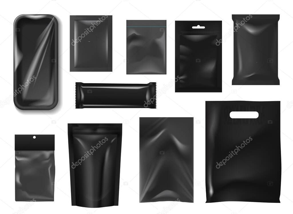Plastic packs and bags realistic mockup of vector food packages. Black foil pouch, sachet, stand up and pocket bags, flow pack, doypack and styrofoam tray with zipper, plastic wrapping and hang slot