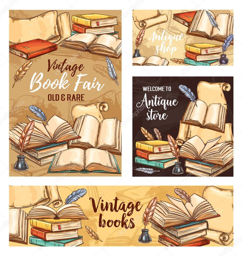 Feather pen, old book and ink sketch banners. Vector paper scrolls, open books and vintage quill pens with ornate feathers and inkwells, literature and history themes, library and antique store design