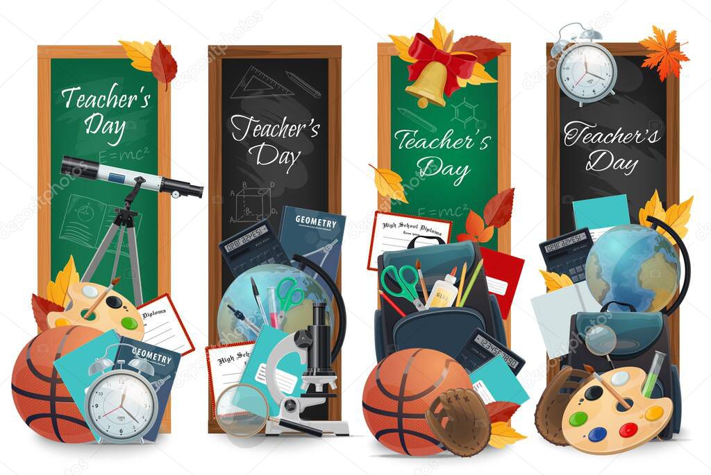 Teachers day school education chalkboards vector banners. Green and black blackboards with textbooks and autumn leaves, schoolbag, sport balls and globe, telescope, microscope, glue and bell