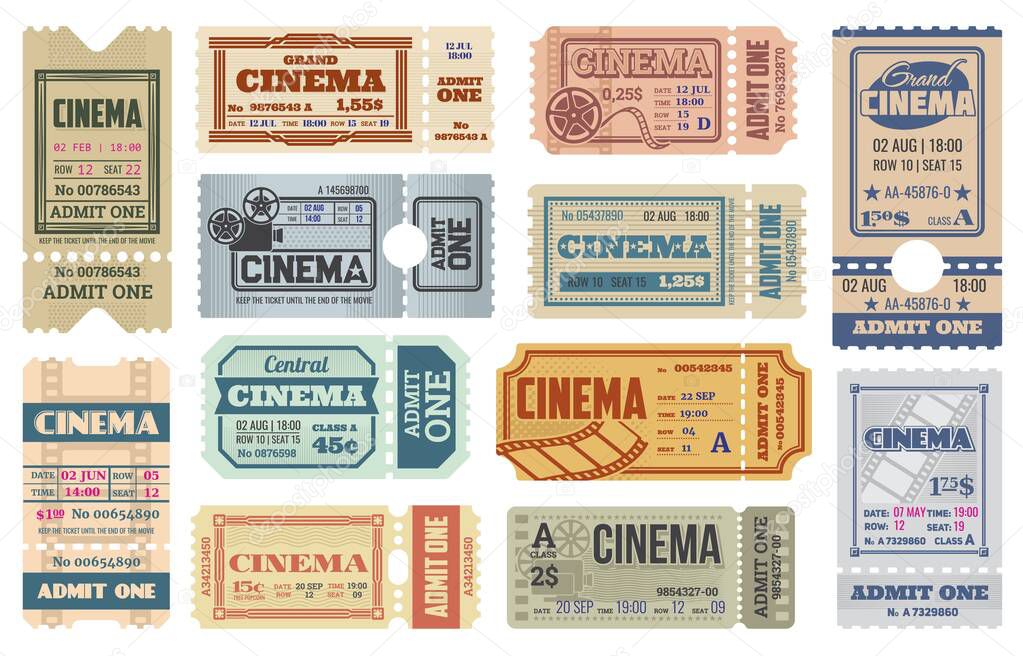 Cinema or movie theater ticket vector templates. Admit one coupons, admission tickets or pass flyers for movie festival event with retro cinema projectors, film reels and strip frames